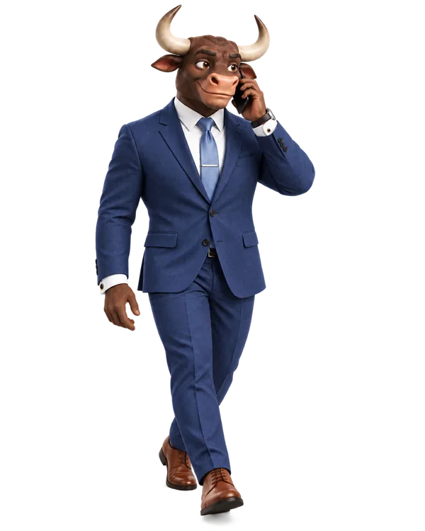 La mascota de Lex, un toro con traje, hablando por teléfono
