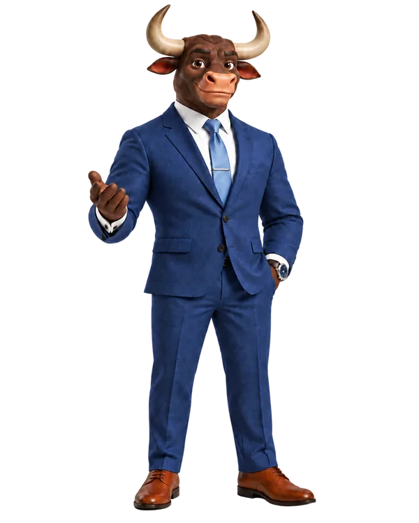 La mascota de Lex, un toro con traje, de pie y presentando
