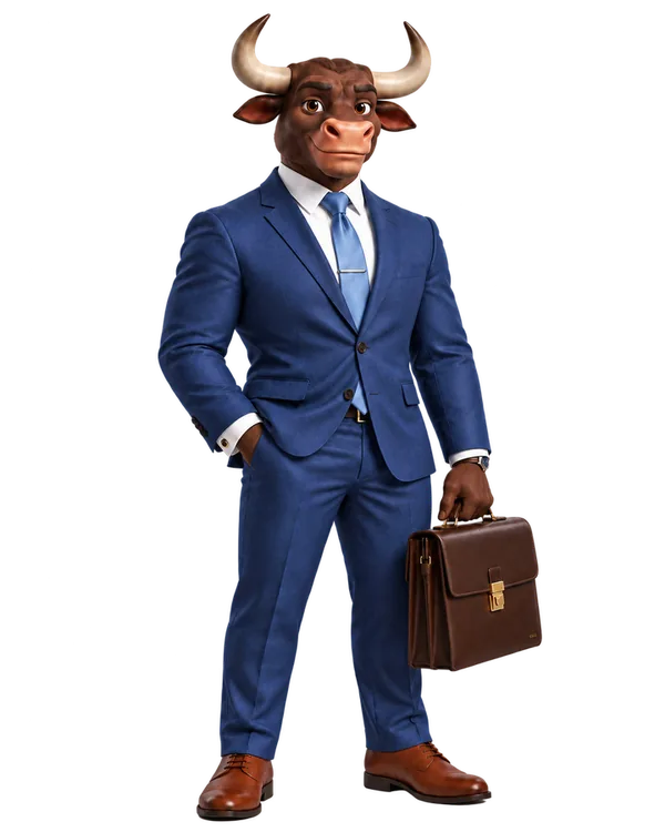 La mascota de Lex, un toro con traje, con maletín